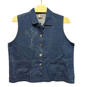 Lady Jane Denim Vest Womens 2X Blue Embroidered Floral Heart Button Made in USA